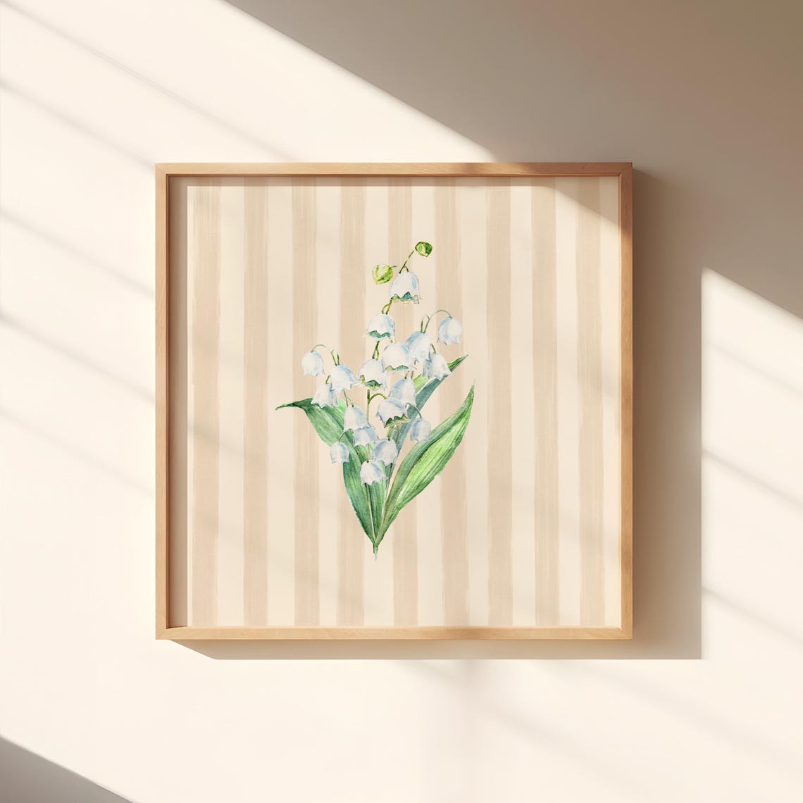 Watercolor Lily of the Valley on Beige Striped Background Poster