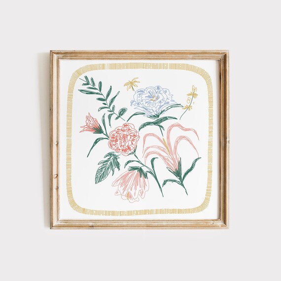 Colorful Floral Doodle Line Art With Gold Dashed Border Poster