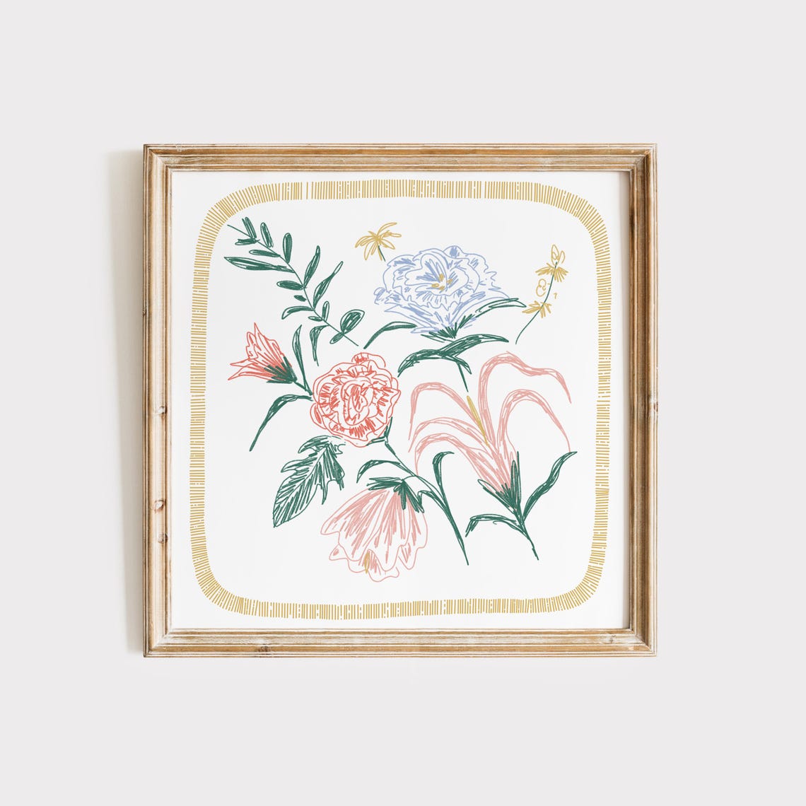 Colorful Floral Doodle Line Art With Gold Dashed Border Poster