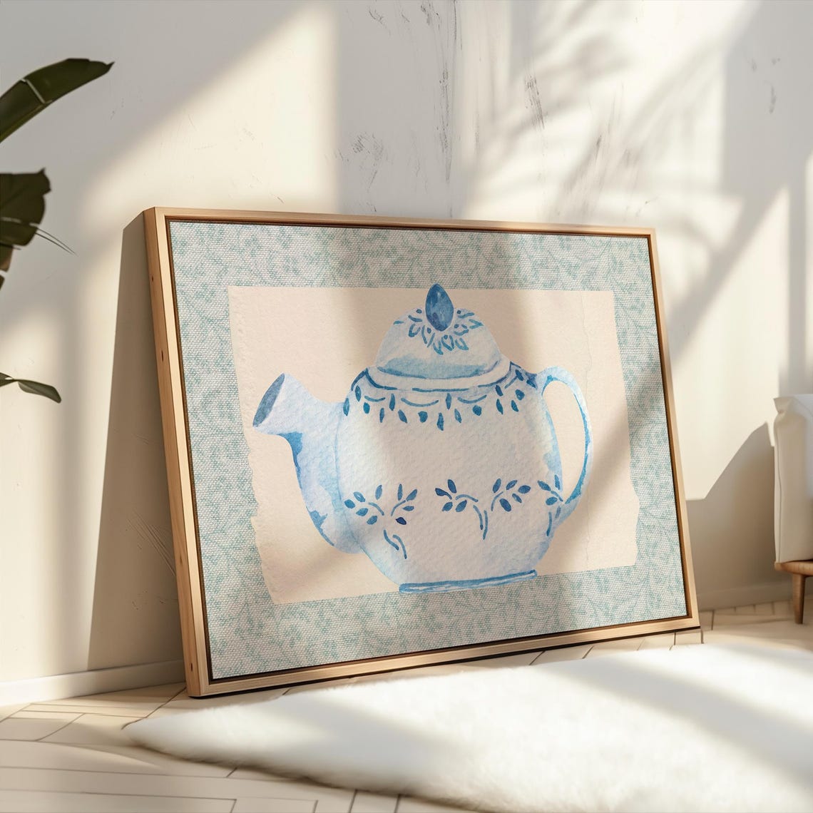 Blue and White Chinoiserie Teapot Watercolor Kitchen Wall Poster