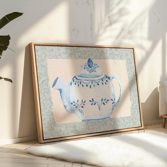 Vintage Teapot Print Wall Art Nursery Art Vintage Painting Cottagecore Decor Wall Art Horizontal
