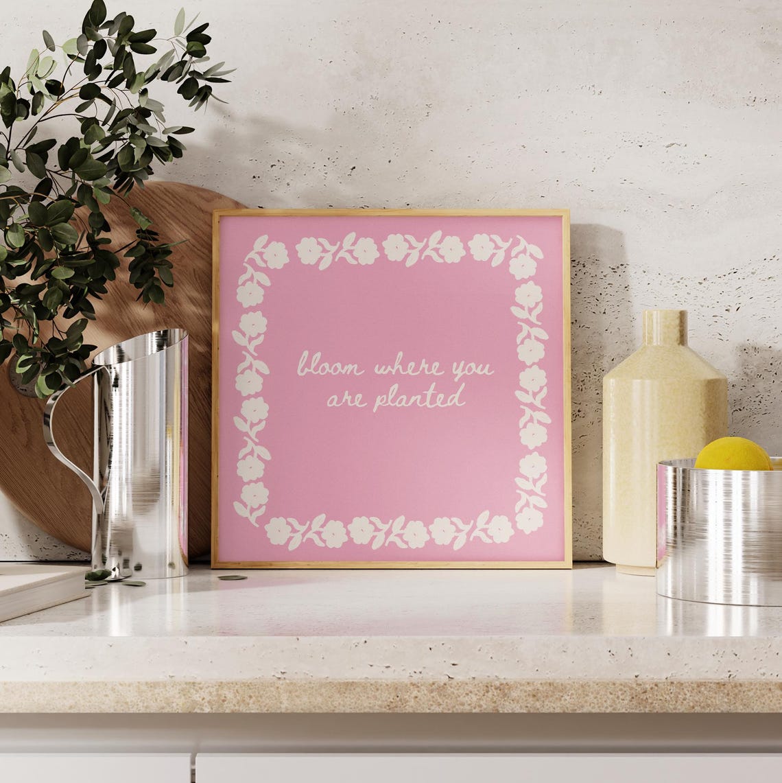 Bloom Where You Are Planted Pink Floral Script Quote Wall Poster - Image 2