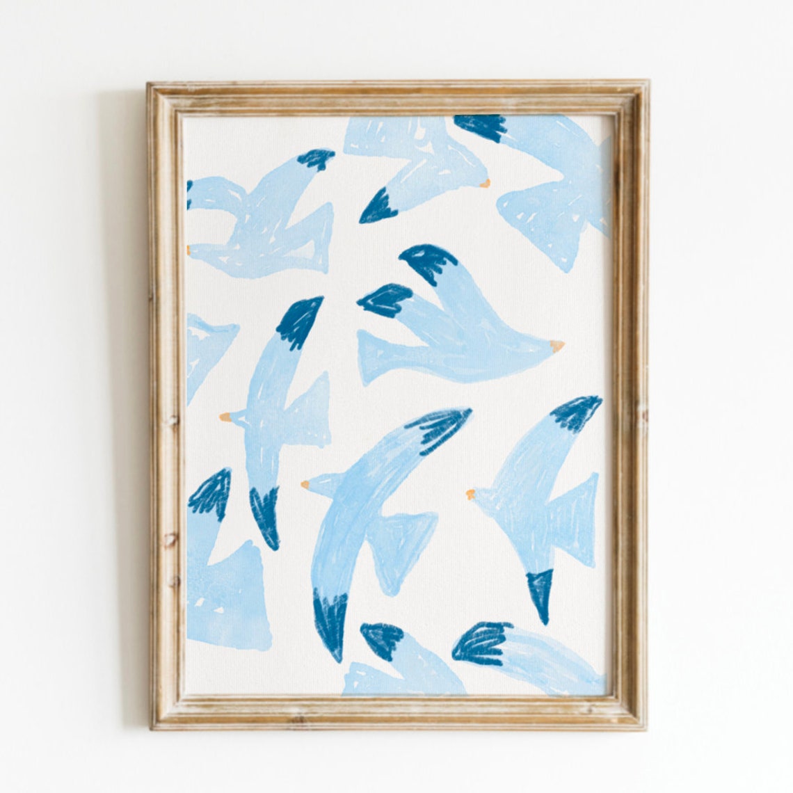 Blue Seagull Birds Pattern White Background Coastal Art Print