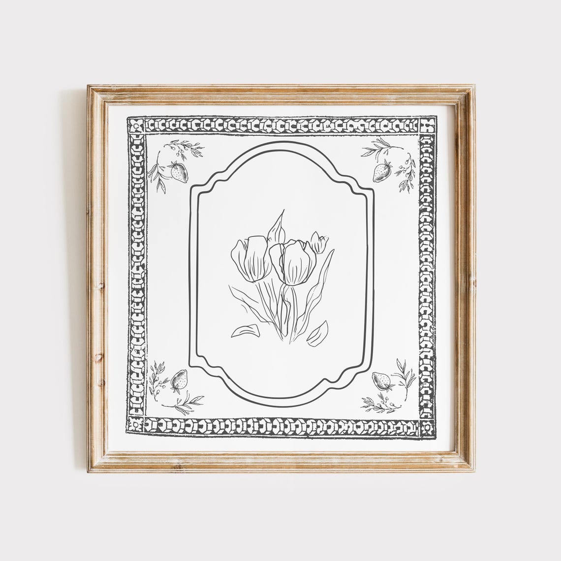 Black Line Tulip Botanical Illustration in Vintage Border Poster - Image 2