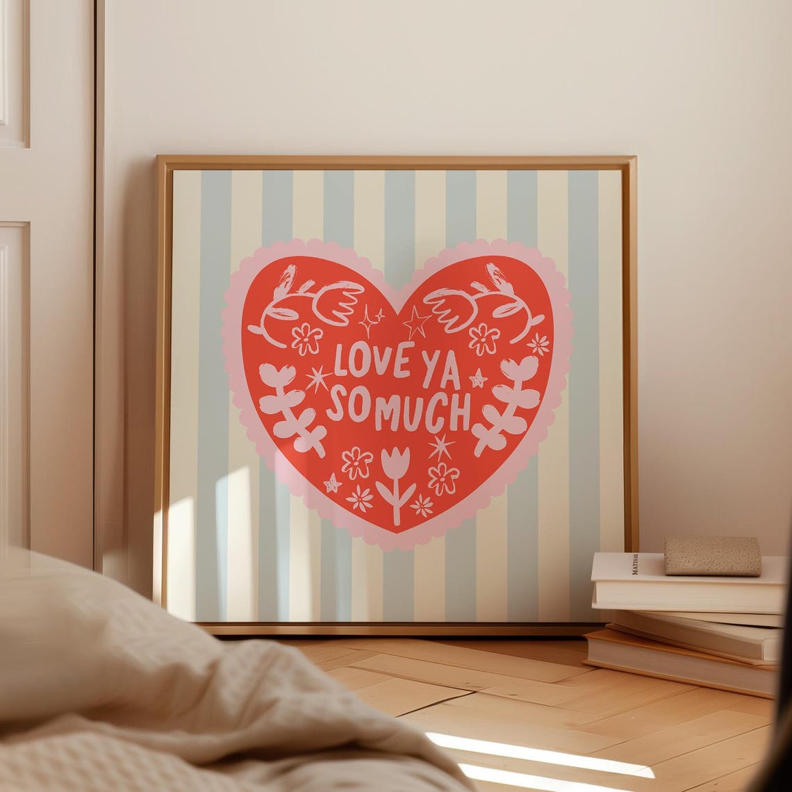 Coral Red Heart Love Ya So Much Blue Striped Valentine Wall Art Print - Image 3