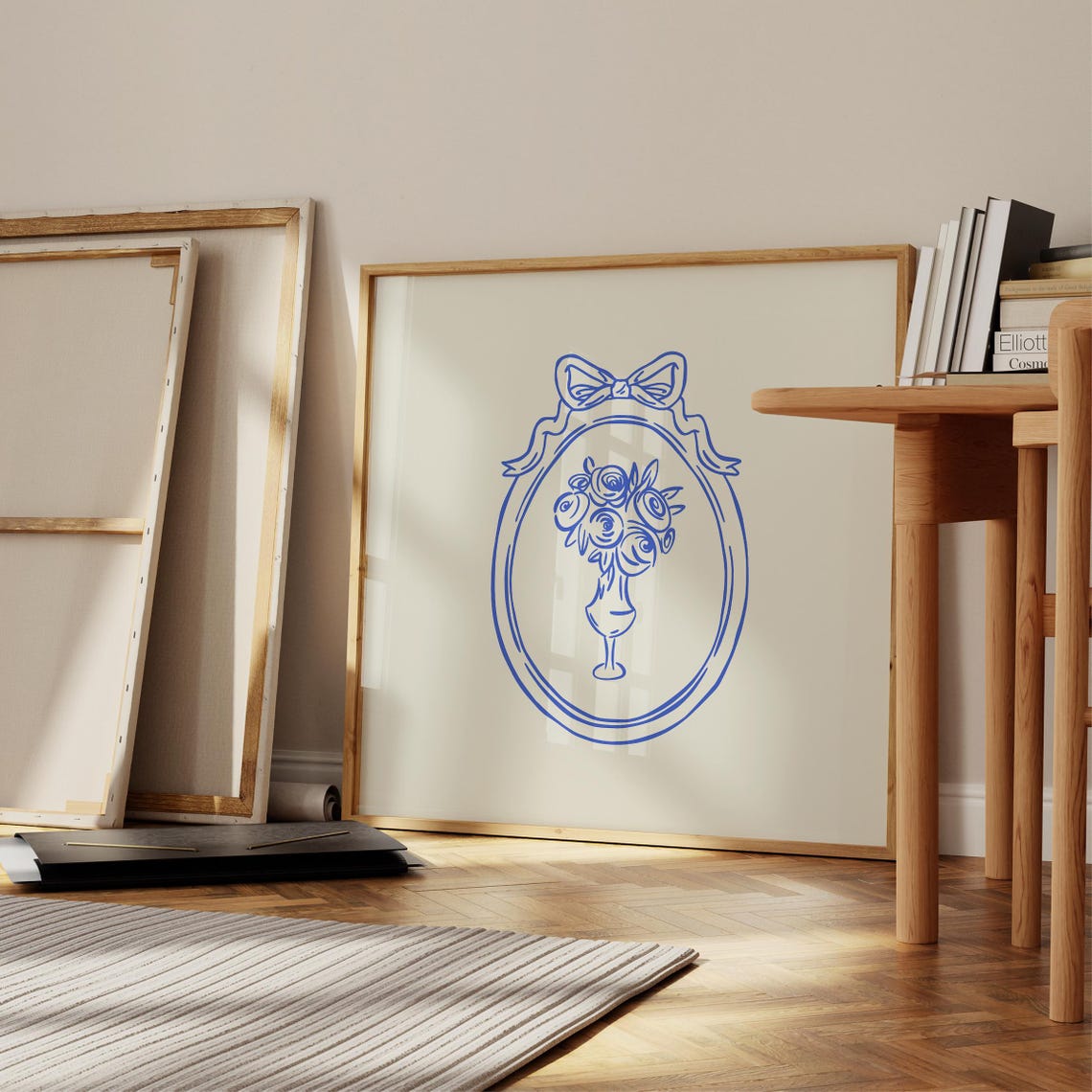 Blue Line Rose Bouquet Vase Coquette Bow Oval Frame Art Print - Image 3