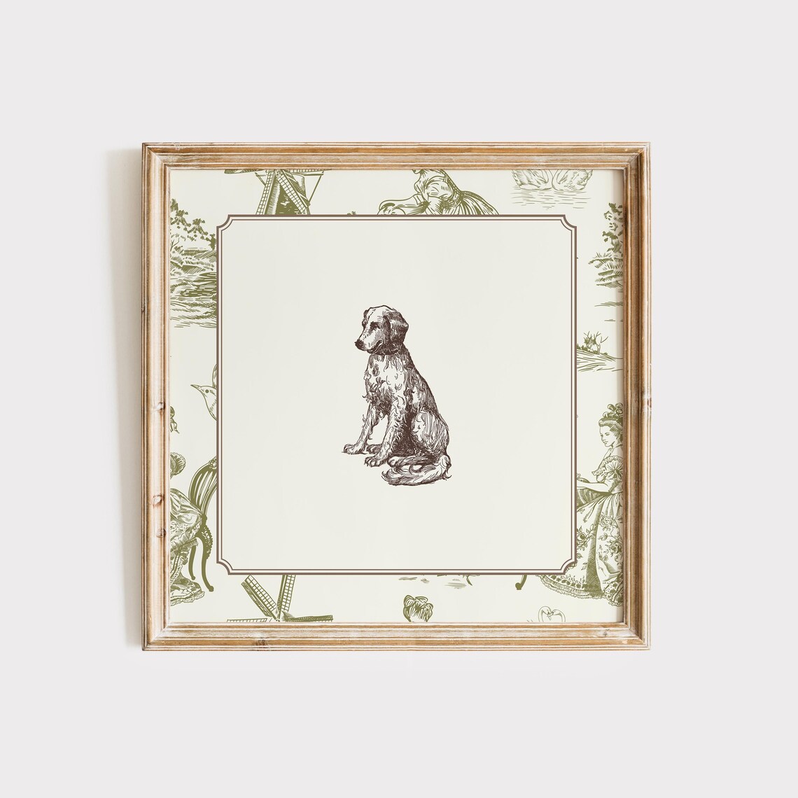 Green Toile Border Sitting Dog Engraving Vintage Animal Poster