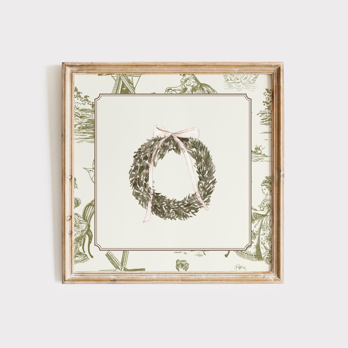 Green Toile Border Christmas Wreath Pink Bow Watercolor Holiday Poster