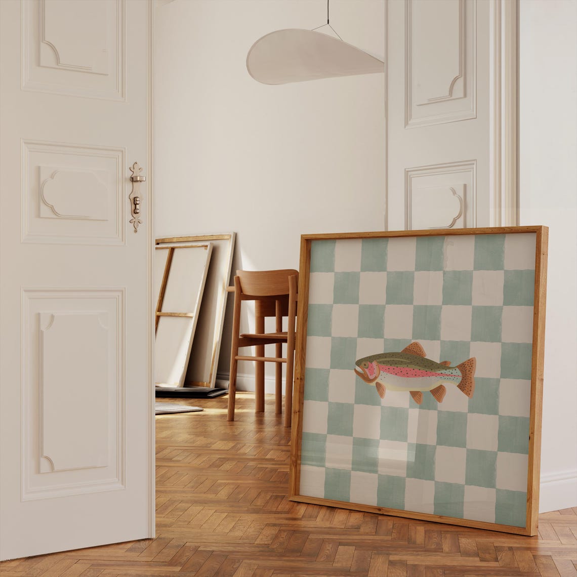 Rainbow Trout Teal Checkered Background Square Fish Decor Poster - Image 3