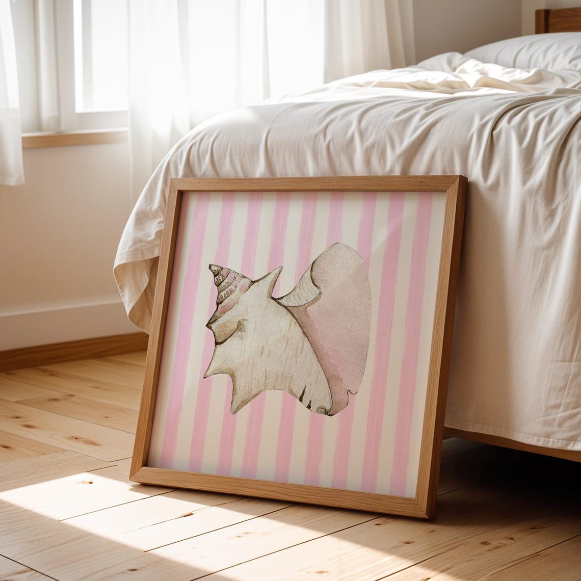 Blush Pink Conch Shell Striped Background Coastal Watercolor Poster - Image 3