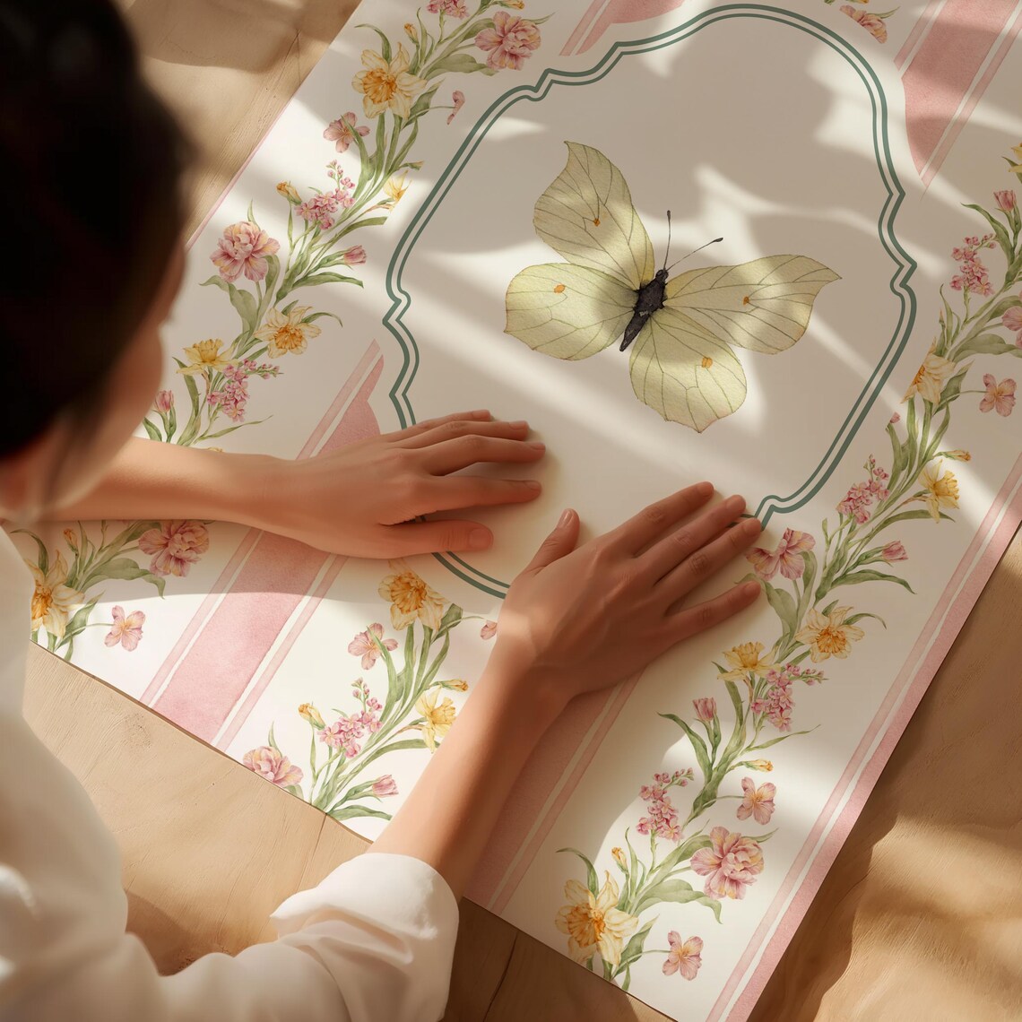 Pale Green Butterfly Pink Striped Floral Nursery Wall Art Poster - Image 2