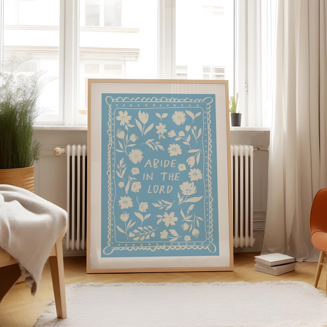Abide in the Lord Blue Floral Christian Faith Quote Wall Art