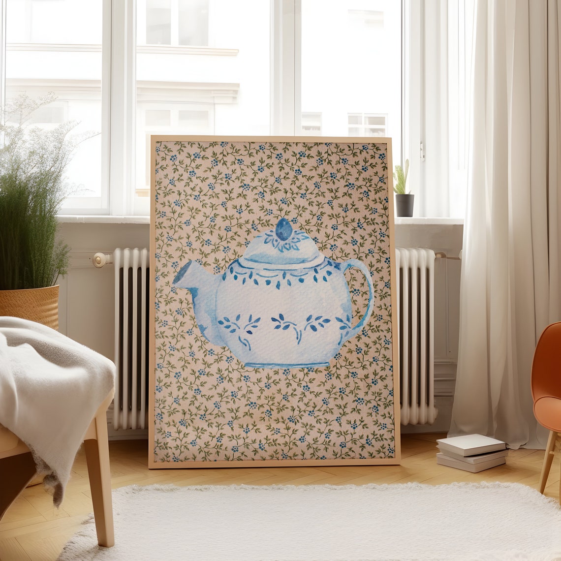 Blue Toile Watercolor Teapot Pink Floral Kitchen Decor Poster - Image 2