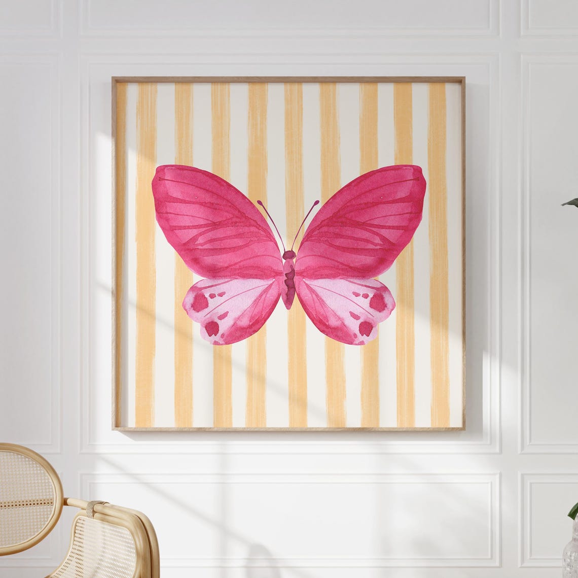 Pink Watercolor Butterfly Peach Striped Background Botanical Poster - Image 4
