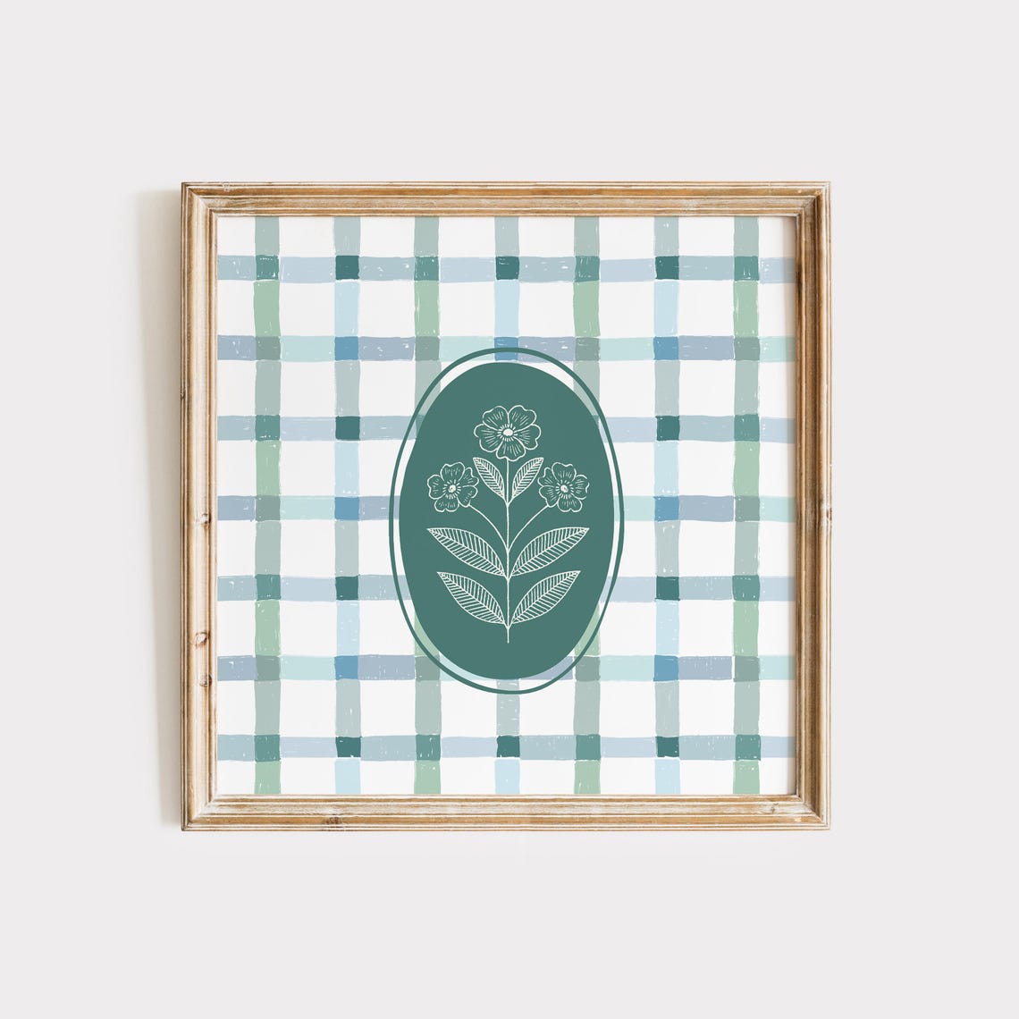 Blue Green Check Plaid Teal Medallion White Floral Square Wall Art