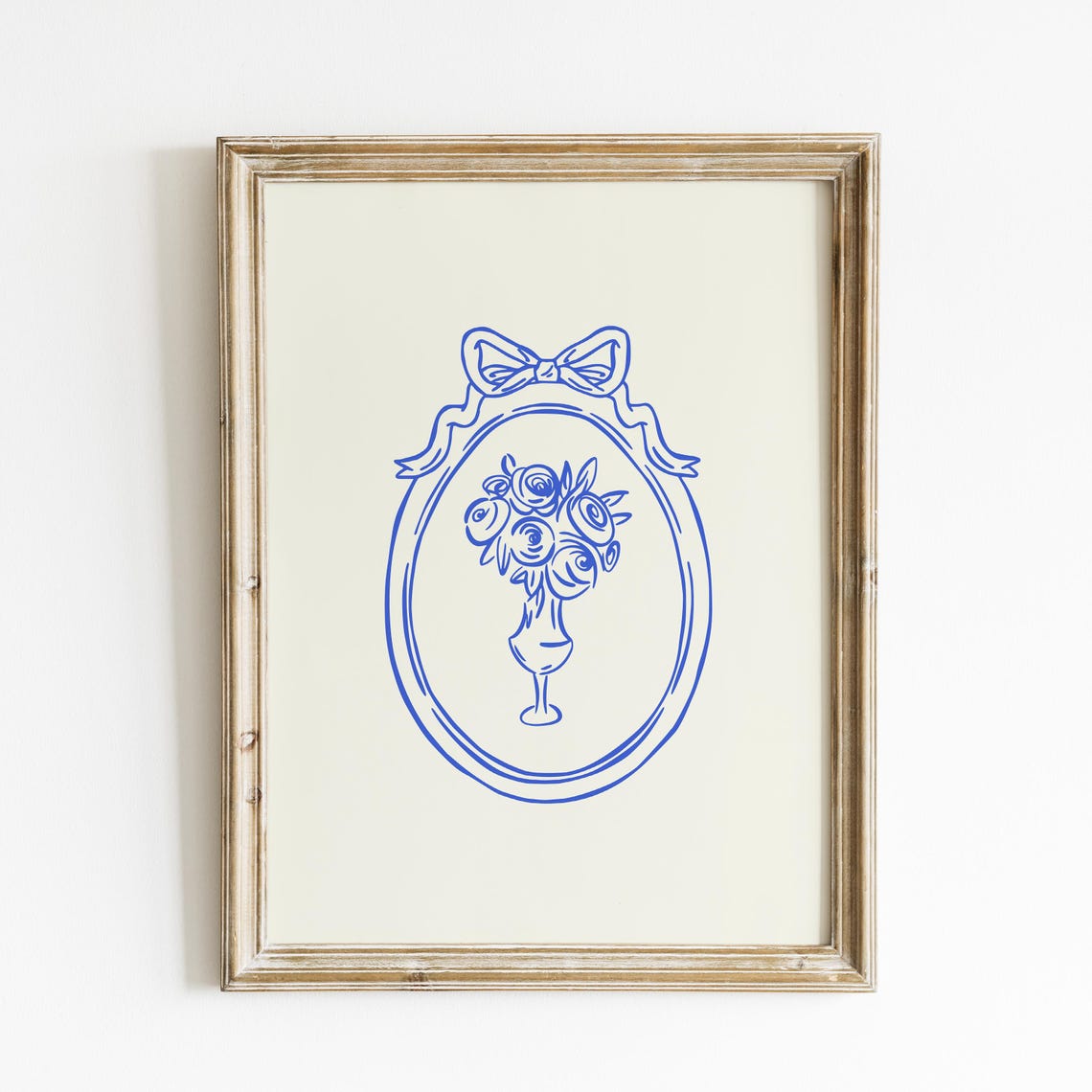 Blue Line Rose Bouquet Ribbon Frame Vintage Botanical Vertical Poster