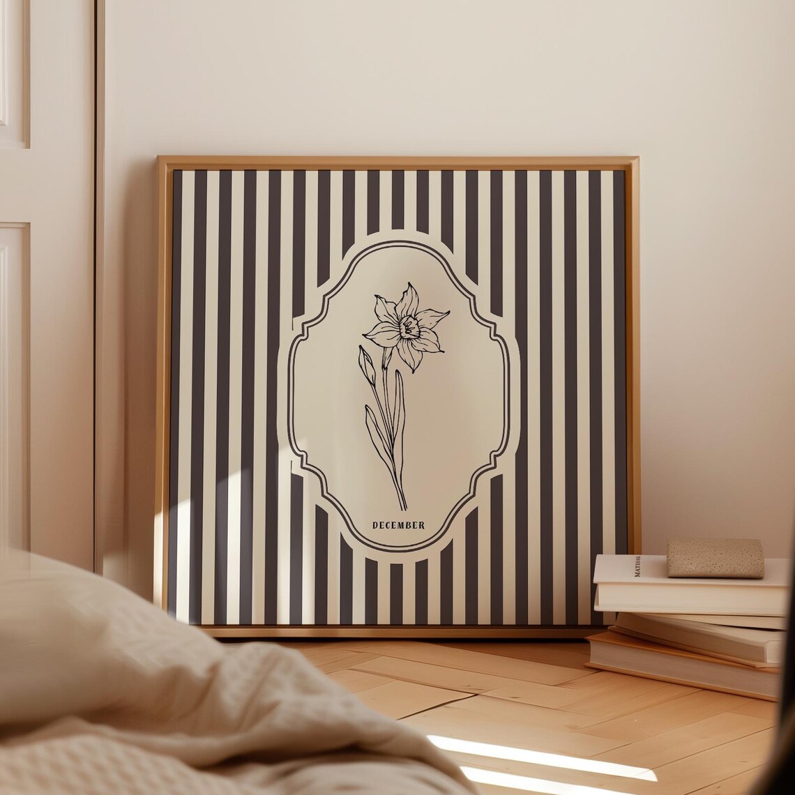 December Birth Month Narcissus Botanical Thin Line Art Striped Print - Image 4