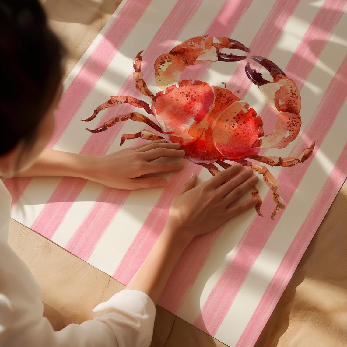 Red Watercolor Crab Pink Stripe Background Coastal Animal Art Poster - Image 2