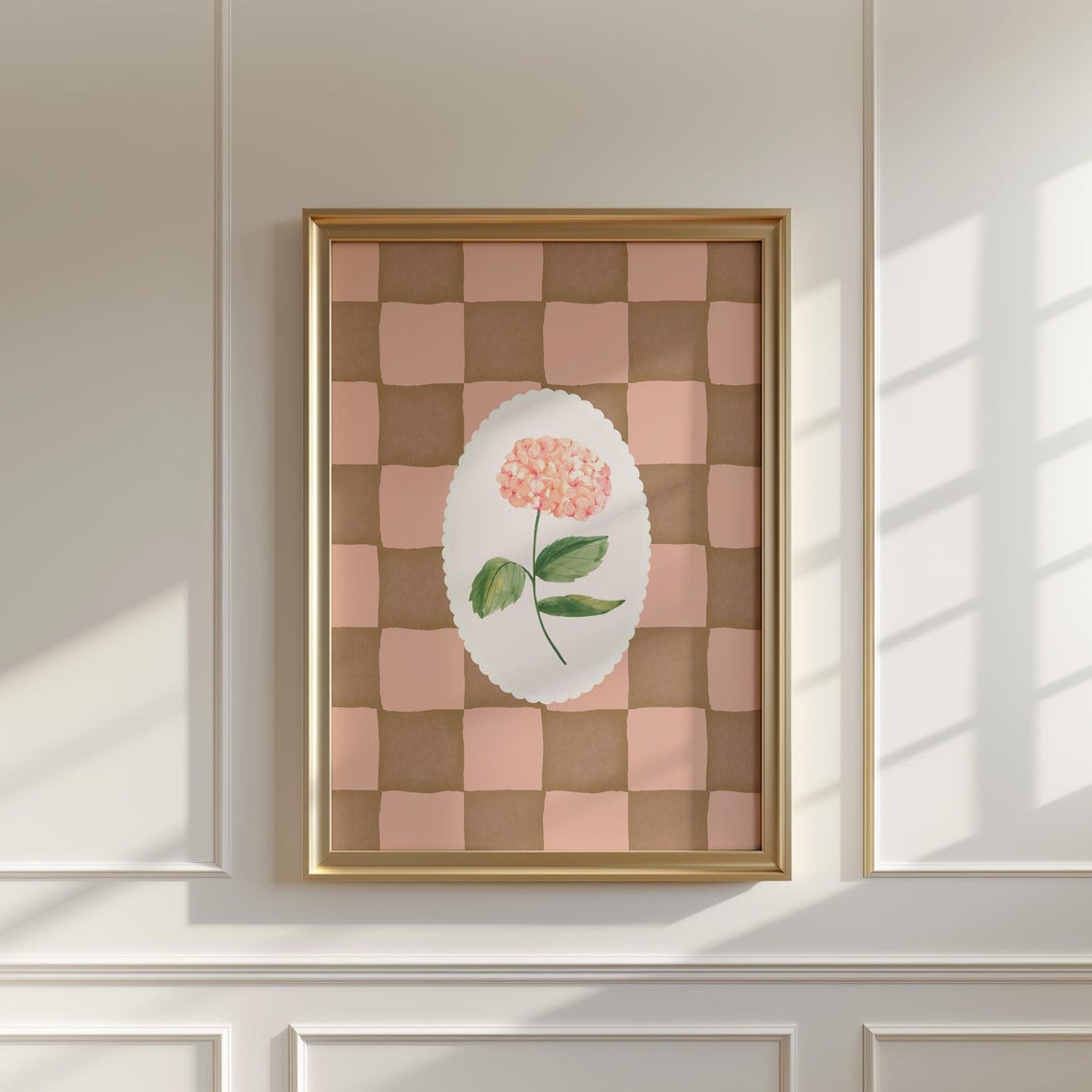 Pink Hydrangea Checkerboard Floral Vintage Style Wall Poster - Image 2