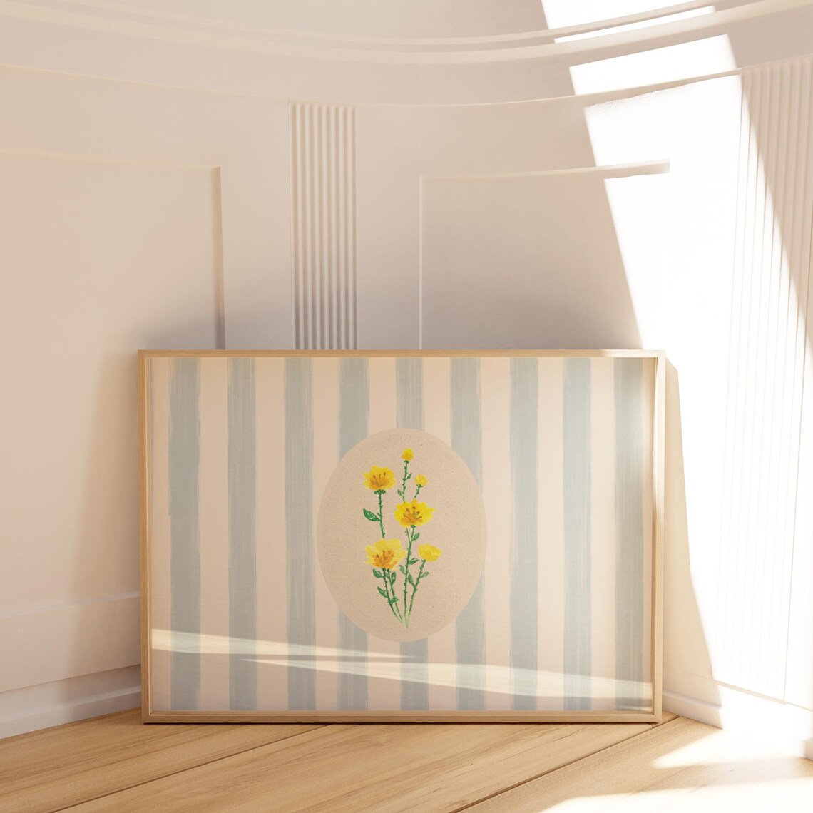 Blue Watercolor Yellow Wildflower Art Print, Nursery Decor