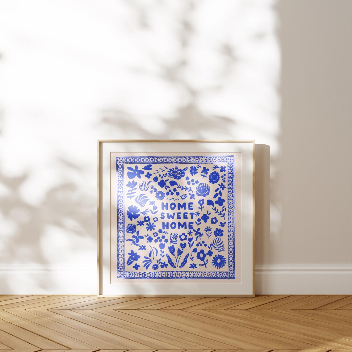 Home Sweet Home Cobalt Blue Folk Art Floral Border Decor Wall Poster - Image 2