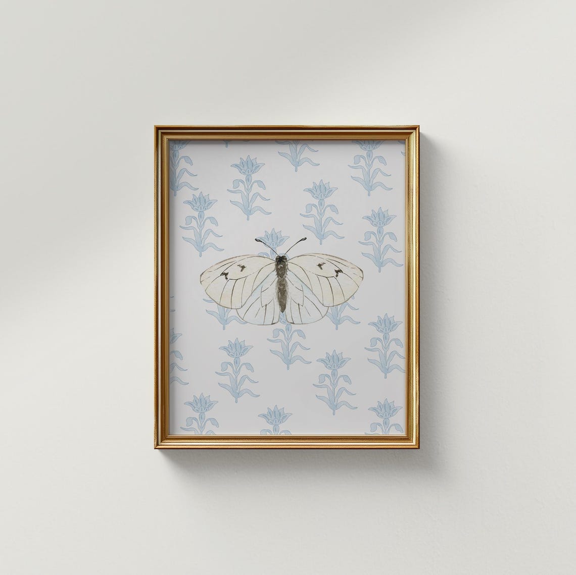 White Butterfly Blue Tulip Patterned Background Floral Art Print - Image 2