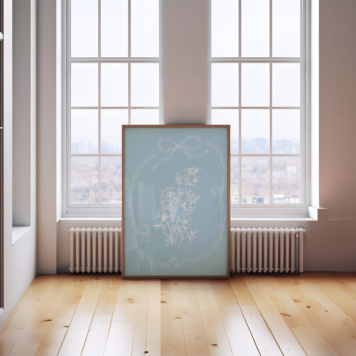 Sweet Cornflower Blue Line Floral Bouquet with Ribbon Bow Poster - Image 2