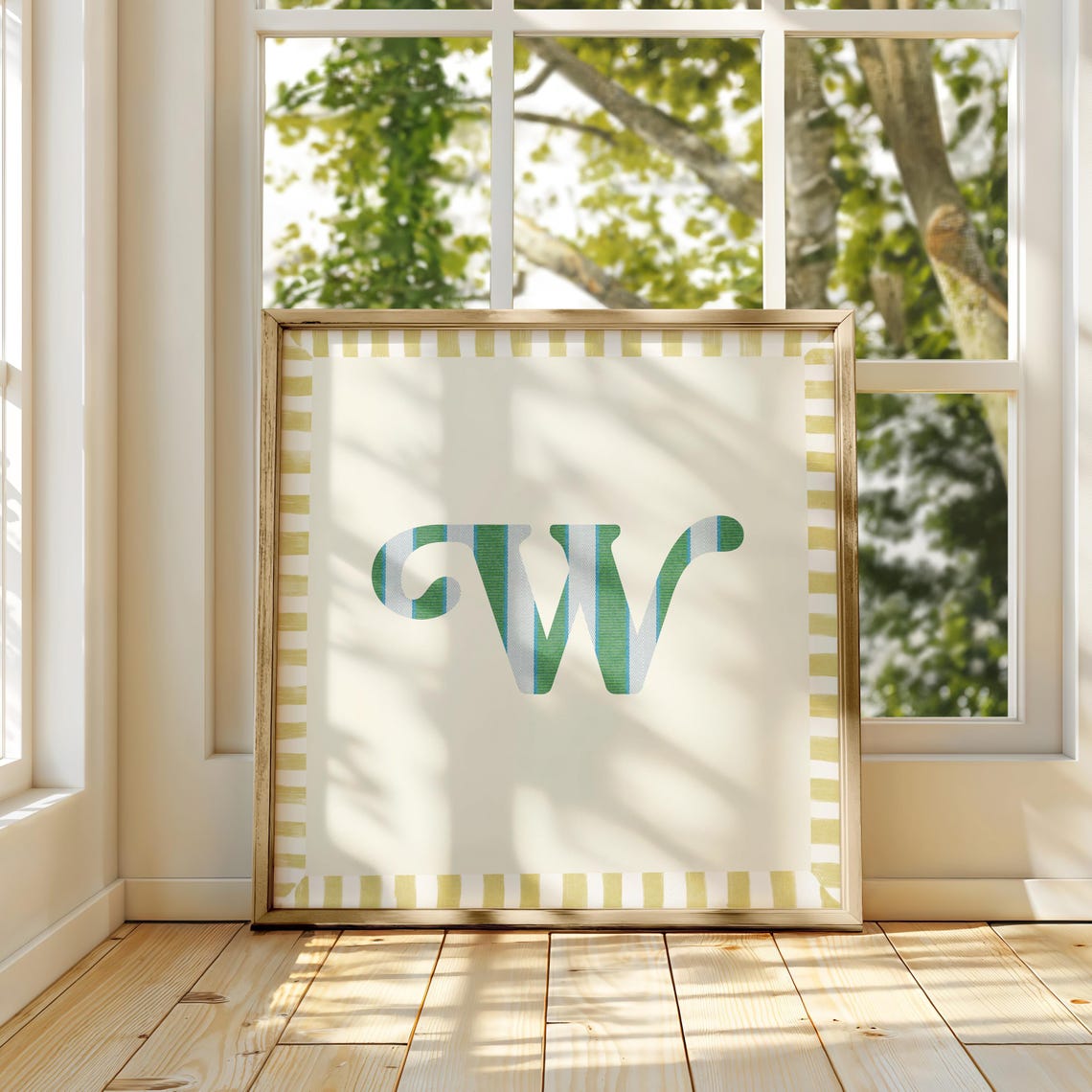 Swash Letter W Green Blue Striped Monogram Cream Framed Art Print - Image 3