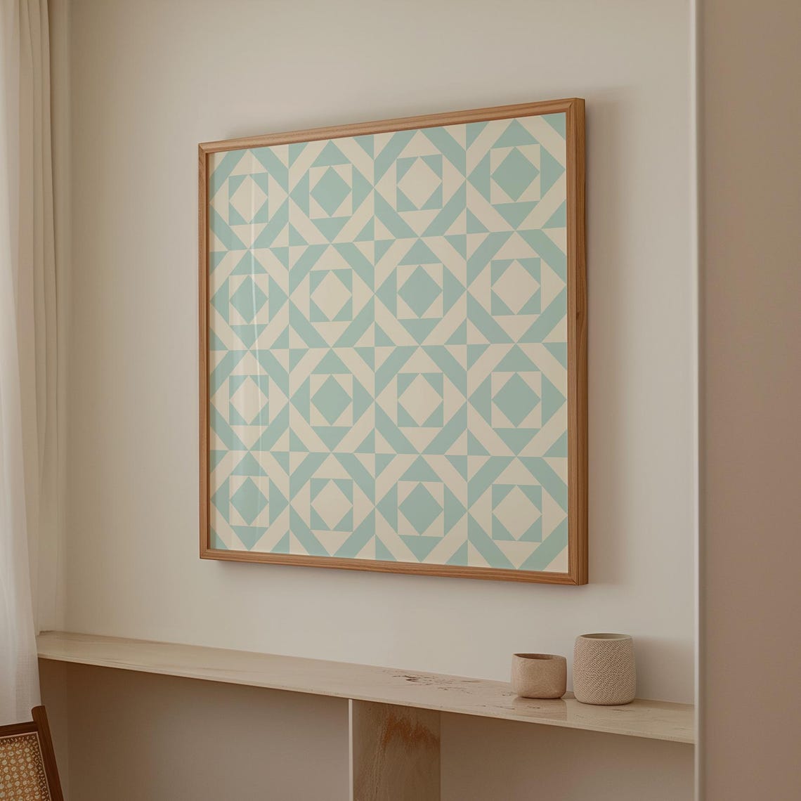 Vintage Blue Quilted Geometric Pattern Square Nursery Wall Art Print - Image 4