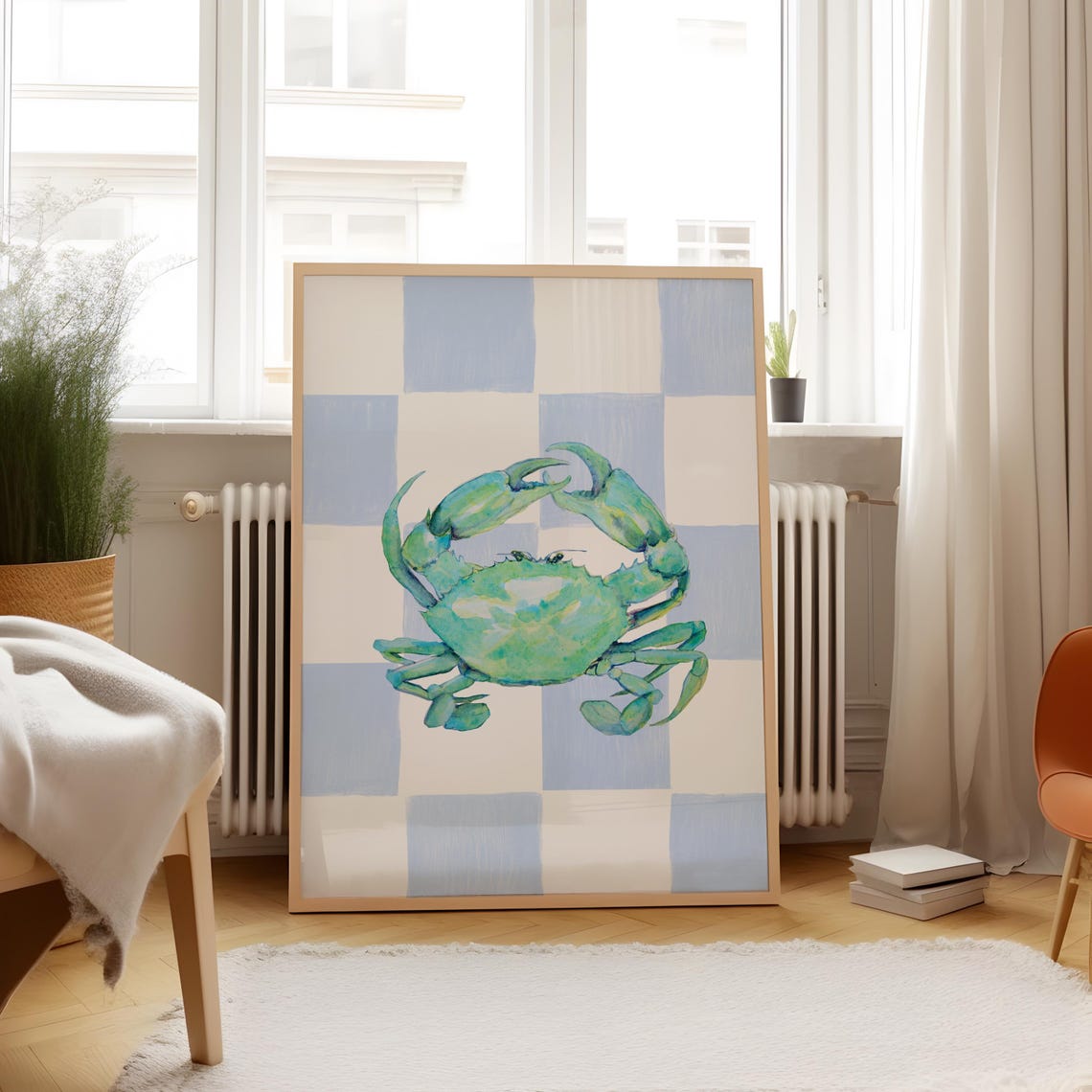 Teal Watercolor Crab Blue Checkerboard Background Coastal Art Poster