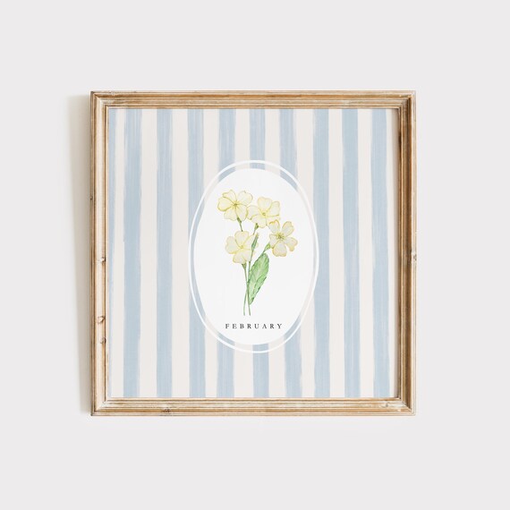 February Primrose Birth Month Flower Blue Stripe Watercolor Botanical Poster
