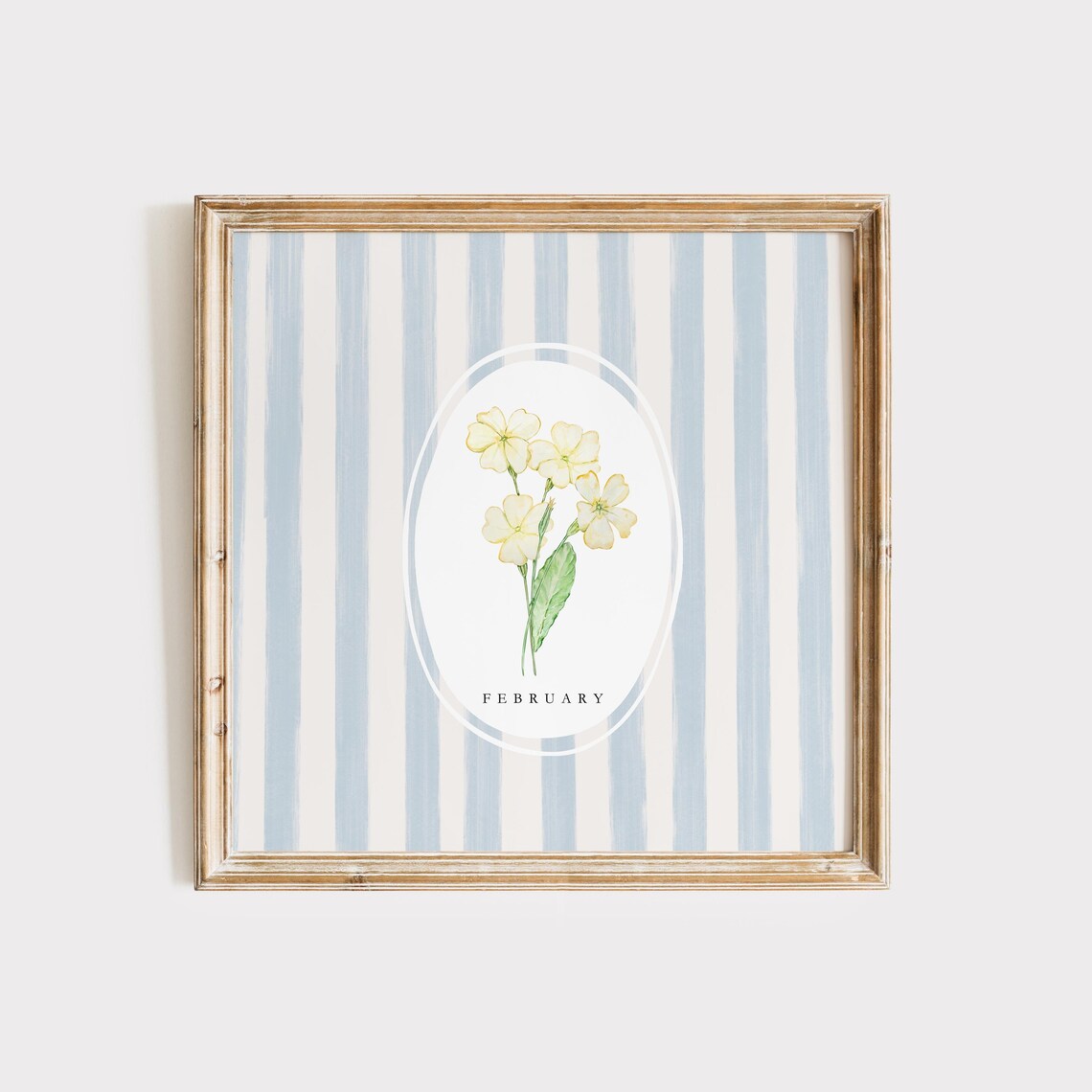 February Primrose Birth Month Flower Blue Stripe Watercolor Botanical Poster