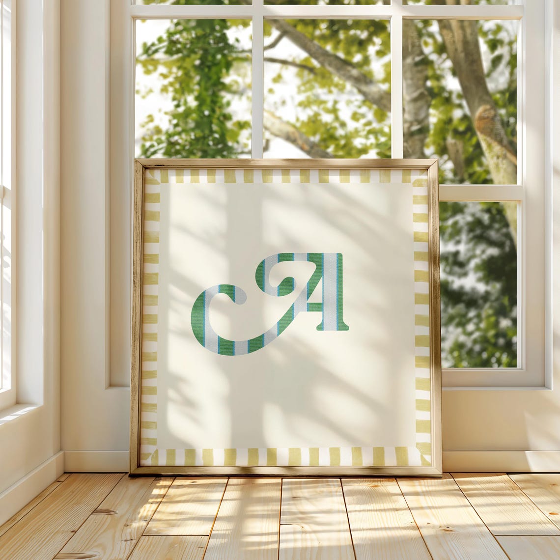 Swash Letter A Green Blue Striped Monogram Cream Framed Art Print - Image 3