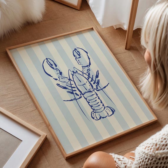 Blue Striped Lobster Illustration, Coastal Decor Art Print