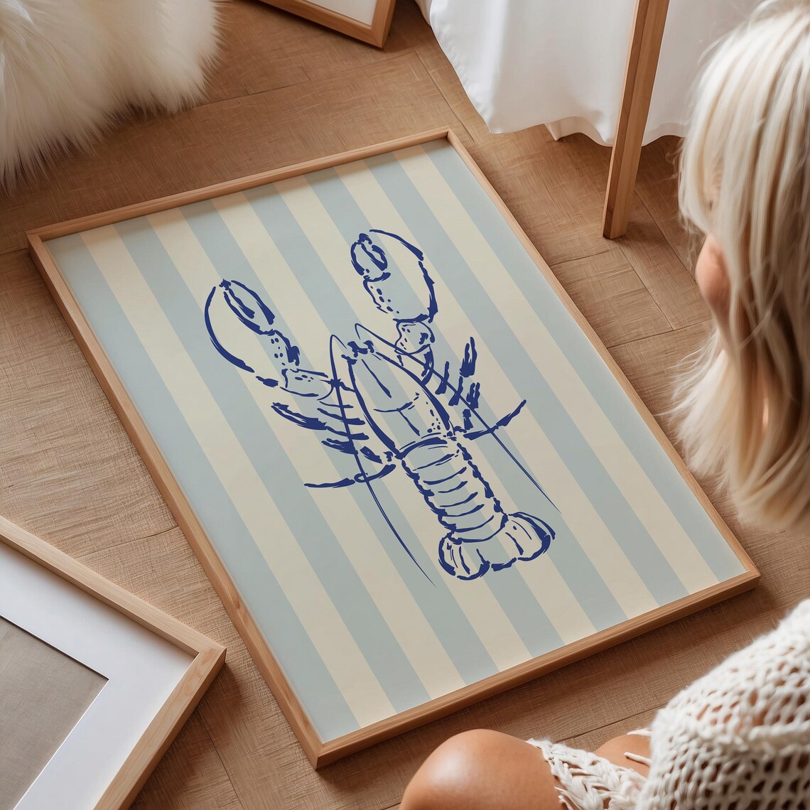 Blue Striped Lobster Illustration, Coastal Decor Art Print