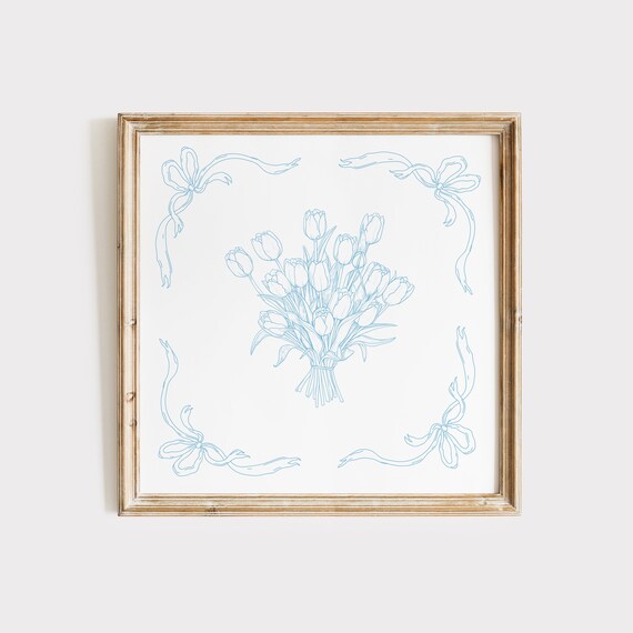 Light Blue Tulip Bouquet Line Art With Ribbon Bows Square Cottage Poster