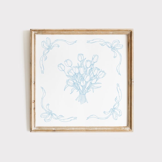 Simple Blue Tulip Floral Print Instant Wall Art Trendy Decor Botanical Illustration Living Room Cottage Nursery
