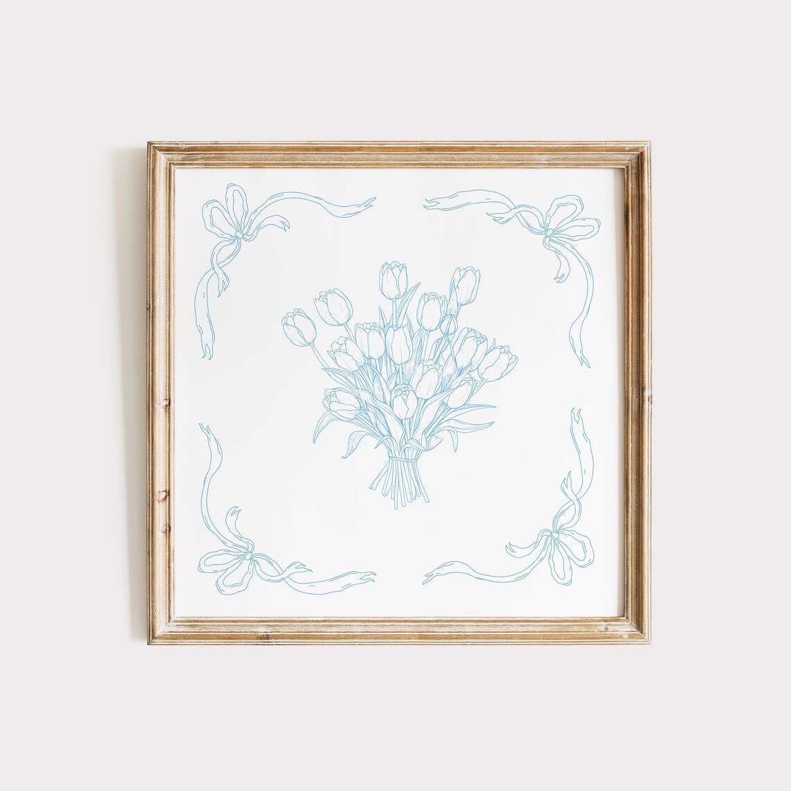 Light Blue Tulip Bouquet Line Art With Ribbon Bows Square Cottage Poster