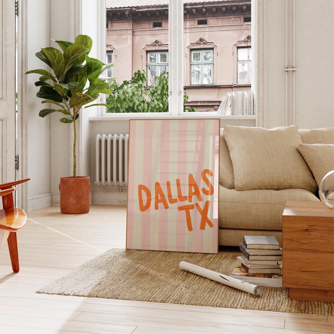 Dallas Texas Orange Hand Lettered Pink Striped Vertical City Poster - Image 3