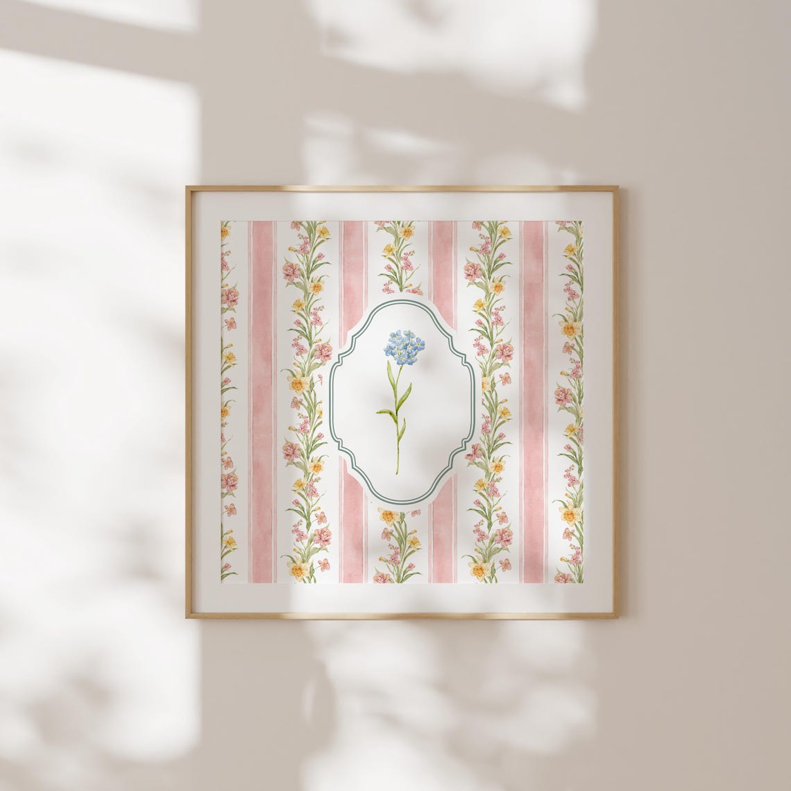Pink Floral Wallpaper Striped Blue Flower Vintage Botanical Poster - Image 5