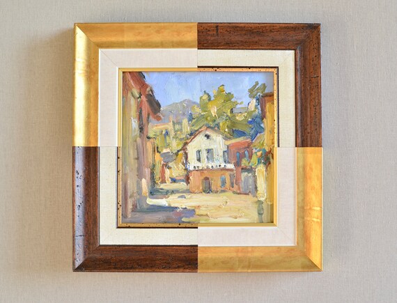 Original Sunny Landscape Oil Painting Framed Impressionistic Cityscape With Houses And Mountains European Fine Art One Of A Kind