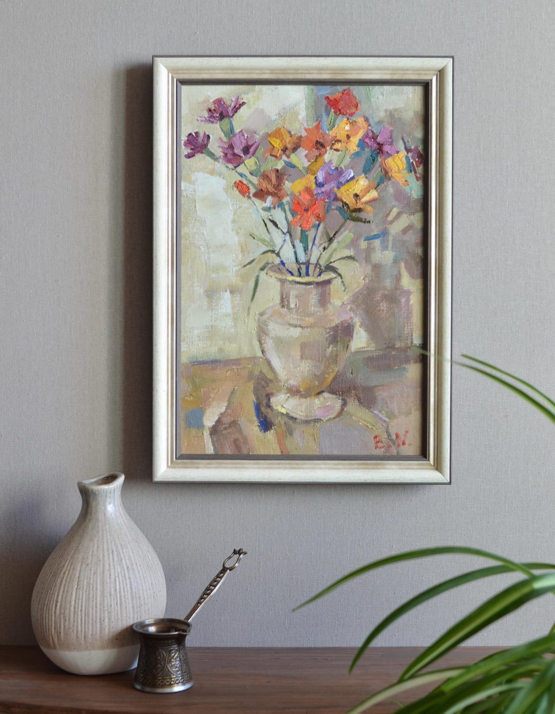 Original Floral Still Life Oil Painting On Canvas Colorful Bouquet Of Flowers In An Antique Vase On An Abstract Background One Of A Kind - Image 4