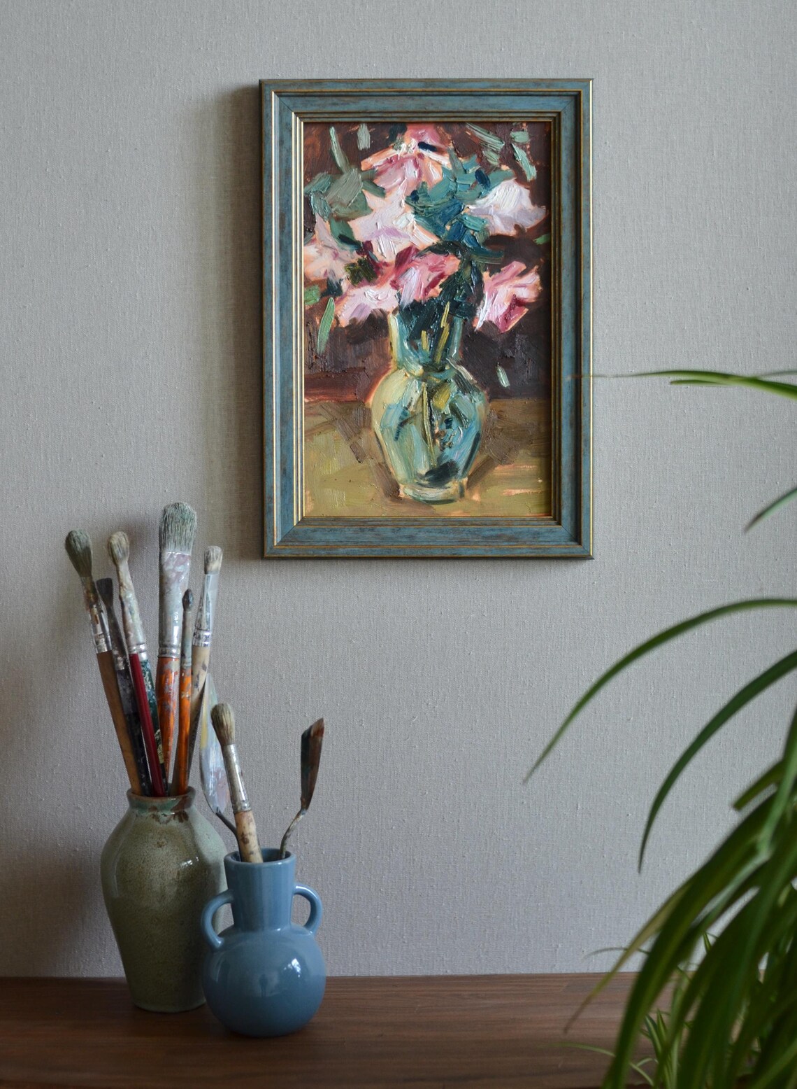 Original Floral Still Life Oil Painting Impressionistic Bouquet Of Pink And White Roses In A Glass Vase European Fine Art Framed Wall Art - Image 4
