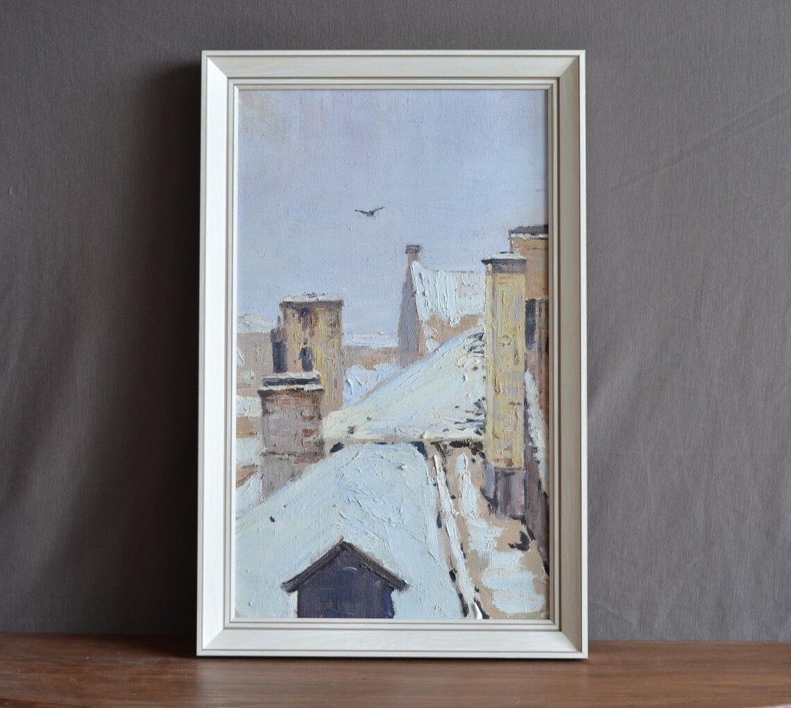 Snowy Old Town Rooftops With Chimneys Winter Scene Travel Poster - Image 2