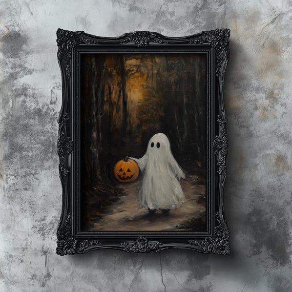 Cute Ghost In Autumn Forest Halloween Print Vintage Spooky Pumpkin Oil Painting Rustic Nature Cottagecore Decor Trick Or Treat Fantasy