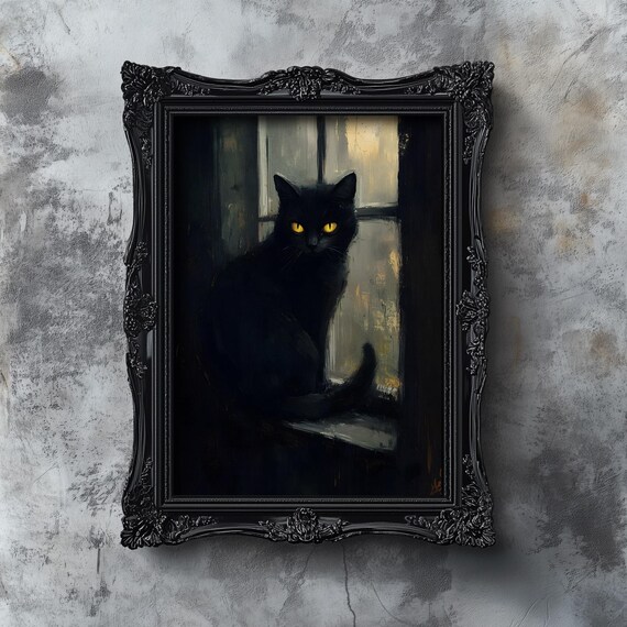 Black Cat Halloween Art Print, Moody Vintage Style