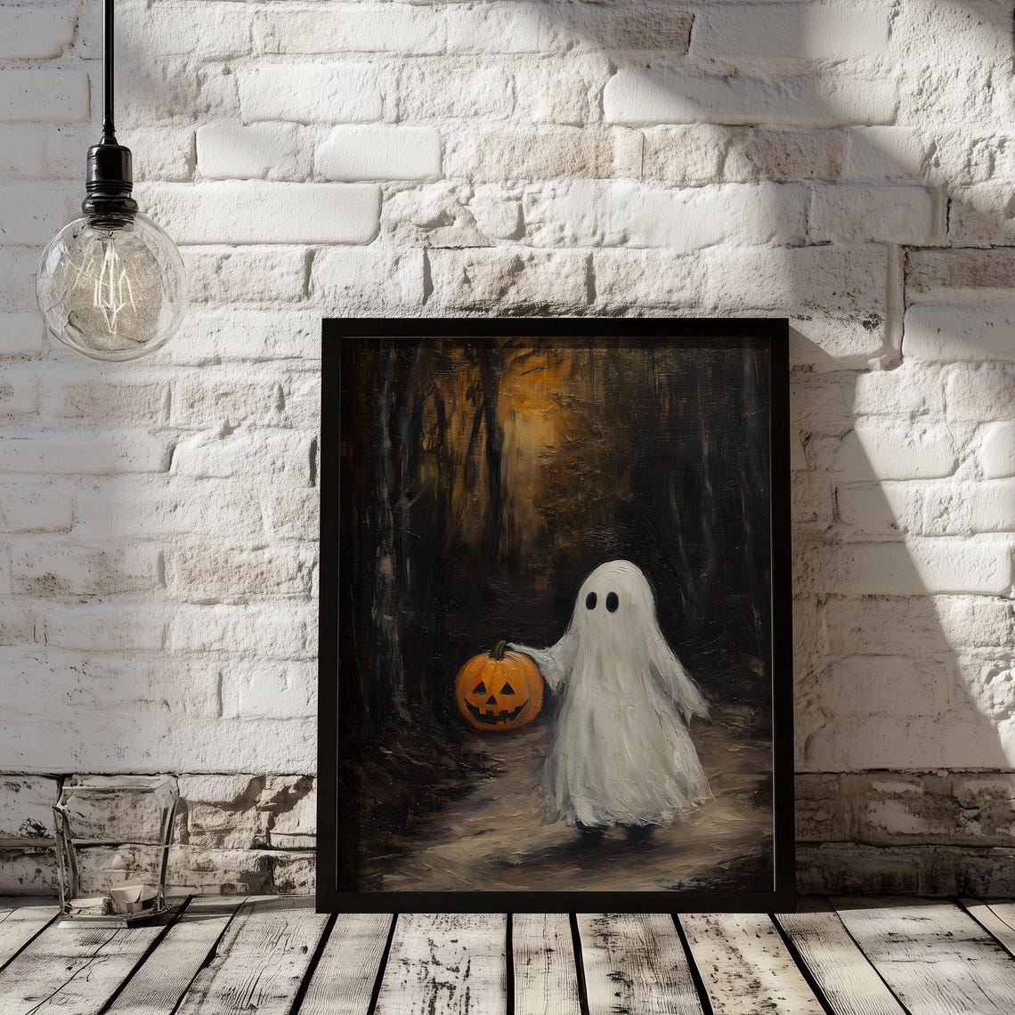 Cute Ghost with Jack O Lantern in Dark Forest Halloween Art Poster - Image 2