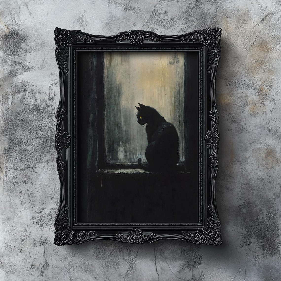 Black Cat at Window Silhouette Dark Moody Halloween Art Poster