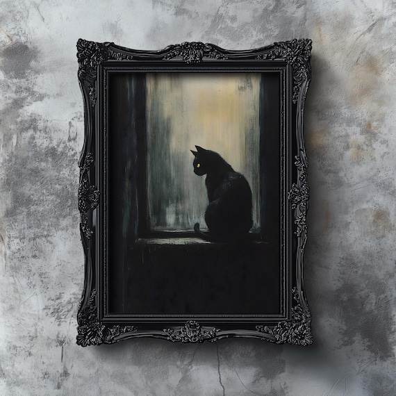 Black Cat at Window Silhouette Dark Moody Halloween Art Poster