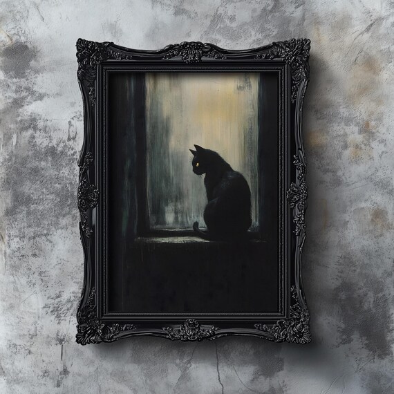 Moody Black Cat Art Print Vintage Halloween Oil Painting Cute Cat Dark Academia Aesthetic Gothic Dark Cottagecore Halloween Wall Decor